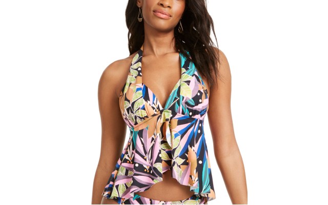  Hidden Jungle Printed Ruffled Halter Tankini Top, X-Small, Multicolor