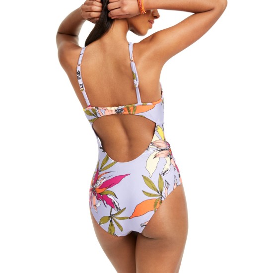  Printed High-Neck Cutout One-Piece Swimsuit, Medium, Multicolor