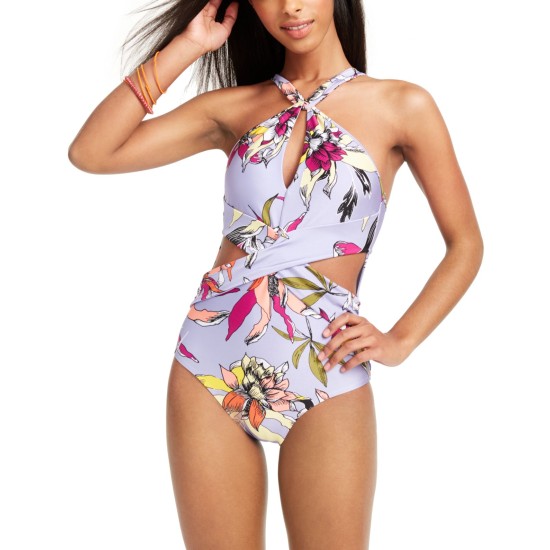  Printed High-Neck Cutout One-Piece Swimsuit, Medium, Multicolor