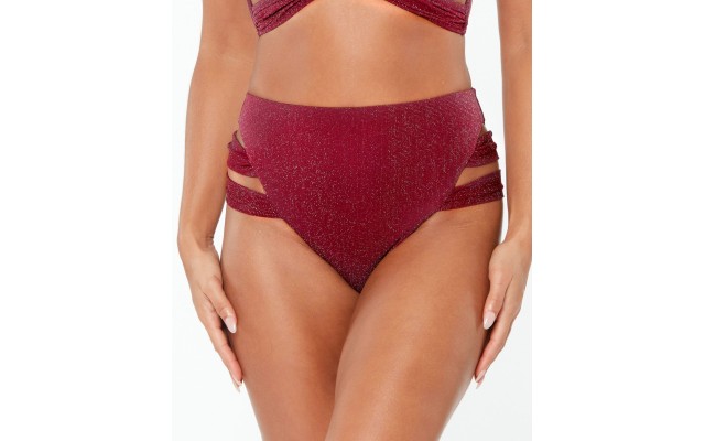  Shimmer Strappy-Leg High-Rise Bikini Bottoms,Blackberry,Medium