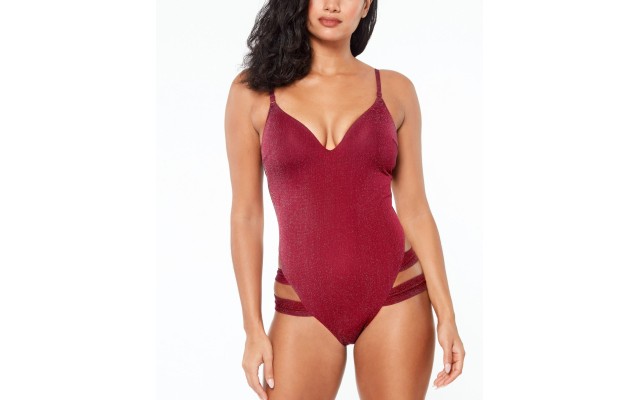  Shimmer Strappy-Leg One-Piece Swimsuit, Medium, Dark Red