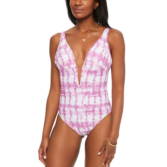  Summer Stripes Plunge One-Piece Swimsuit, Pink, Large