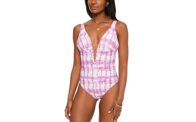  Summer Stripes Plunge One-Piece Swimsuit, Pink, Large