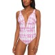  Summer Stripes Plunge One-Piece Swimsuit, Pink, Small
