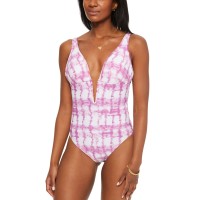 Bar III Summer Stripes Plunge One-Piece Swimsuit, Pink, X-Small