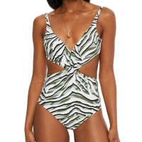 Bar Iii Women’s Swimwear Green Zebra Twisted Cutout One Piece, Green, X-Large