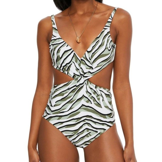  Women’s Swimwear Green Zebra Twisted Cutout One Piece, Green, X-Large