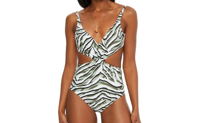  Women’s Swimwear Green Zebra Twisted Cutout One Piece, Green, X-Large