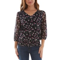 Bcx Juniors’ Floral-Print Smocked Top, Black, Small