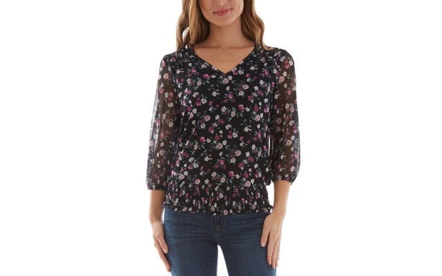  Juniors’ Floral-Print Smocked Top, Black, Small