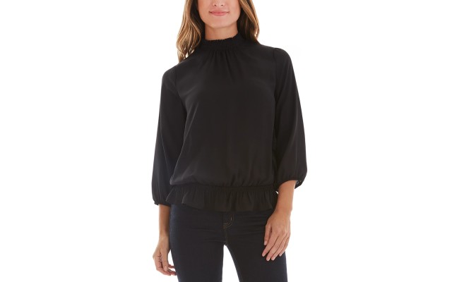 Juniors’ Smocked Mock-Neck Top, Small, Black