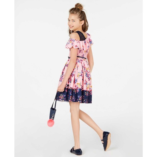  Big Girls Smocked Border-Print Skater Dress & Charm Purse (Pink, 14)