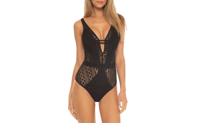  Crochet One-Piece Swimsuit, Black,Small