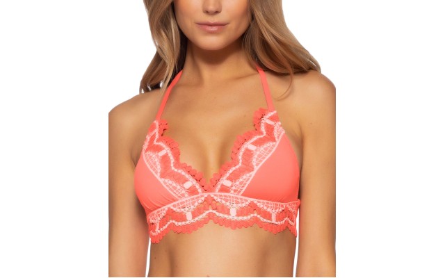  Delilah Solid Crochet Trim Halter Bikini Top, Pink, L