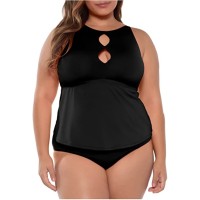 Becca Etc Trendy Plus Size Color Code Cutout Tankini Top,Black, 0X