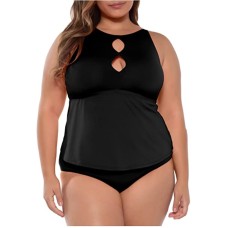 Becca Etc Trendy Plus Size Color Code Cutout Tankini Top,Black, 0X