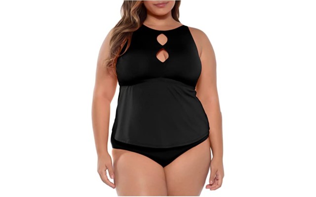 Etc Trendy Plus Size Color Code Cutout Tankini Top,Black, 0X