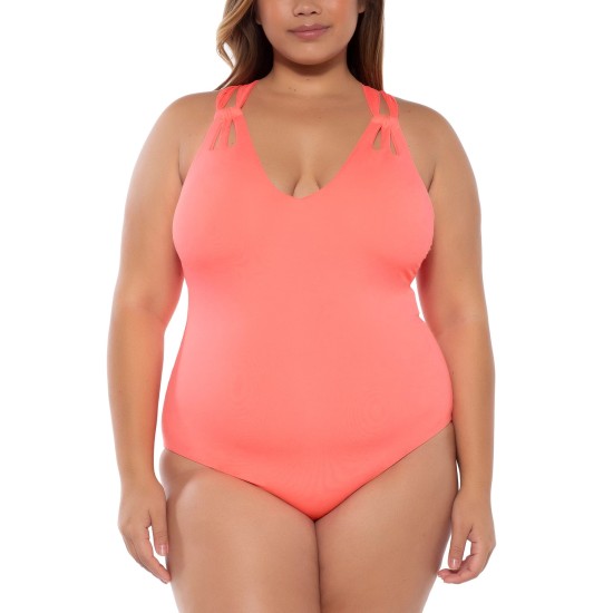 Becca Etc Trendy Plus Size Color-Code Tear-Drop One-Piece Swimsuit Women’s Swims, Coral, 1X