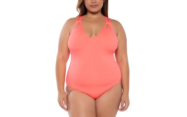 Becca Etc Trendy Plus Size Color-Code Tear-Drop One-Piece Swimsuit Women’s Swims, Coral, 1X