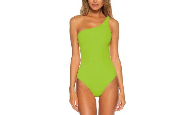  Fine Line Rib Asymmetrical One-Piece Swimsuit, Large, Green