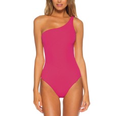 Becca Fine Line Rib Asymmetrical One-Piece Swimsuit, Pink, Small
