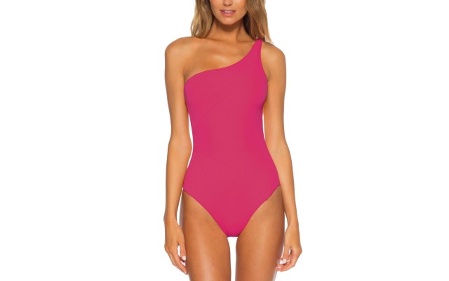  Fine Line Rib Asymmetrical One-Piece Swimsuit, Pink, Small
