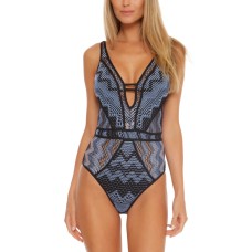 Becca Reveal Crochet Plunge-Neck One-Piece Swimsuit Black Sky, Small