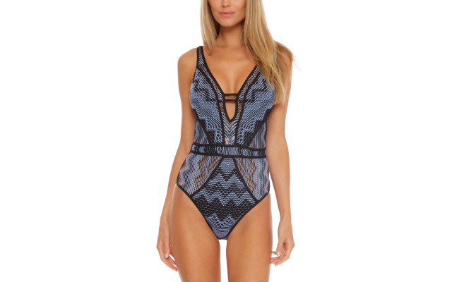  Reveal Crochet Plunge-Neck One-Piece Swimsuit Black Sky, Small
