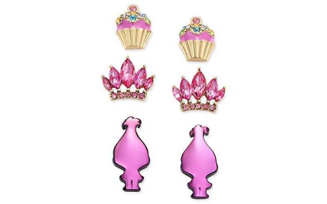 Betsey Johnson xox Trolls Stud Earrings Set with Cupcakes, Crowns & Pink Trolls (Set of 3)