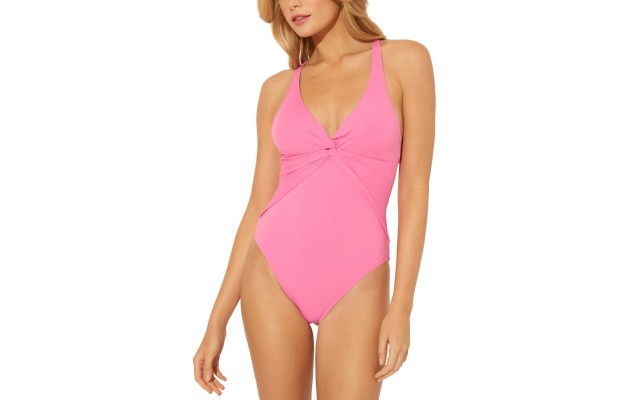 Bleu by Rod Beattie Plunge Drape Cross-Back One-Piece Swimsuit, 12, Pink