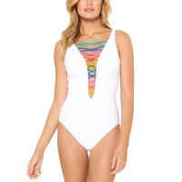 Bleu by Rod Beattie Rainbow Lace-Down One-Piece Swimsuit,White,14