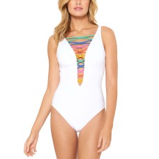 Bleu by Rod Beattie Rainbow Lace-Down One-Piece Swimsuit,White,14