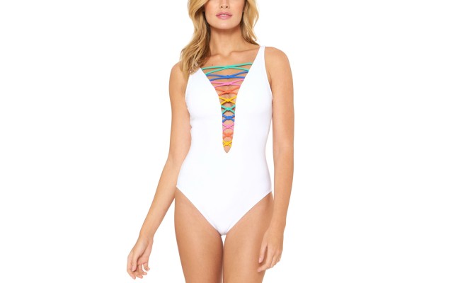 Bleu by Rod Beattie Rainbow Lace-Down One-Piece Swimsuit,White,14
