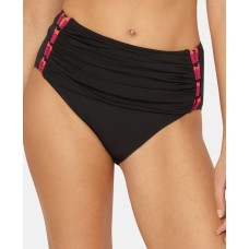 Bleu by Rod Beattie Ruched Strappy-Side High-Waist Bikini Bottoms, 6, Black/Pink