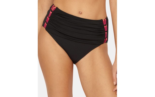  Ruched Strappy-Side High-Waist Bikini Bottoms, 6, Black/Pink