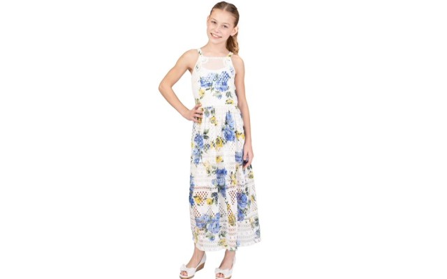  Big Girls Printed Floral Knit Crochet Lace Maxi Dress, 10