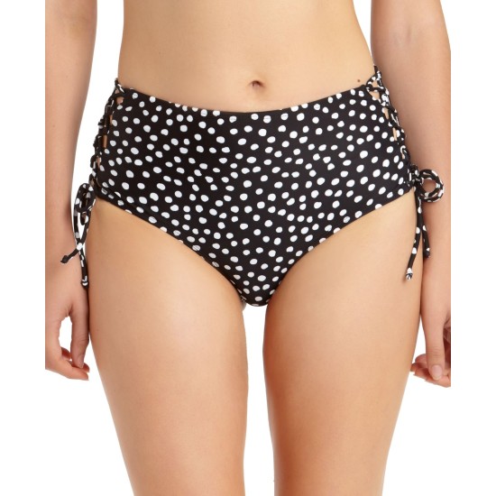  Juniors’ Dot-Print Lace-Up High-Waist Bikini Bottoms,Black,Large