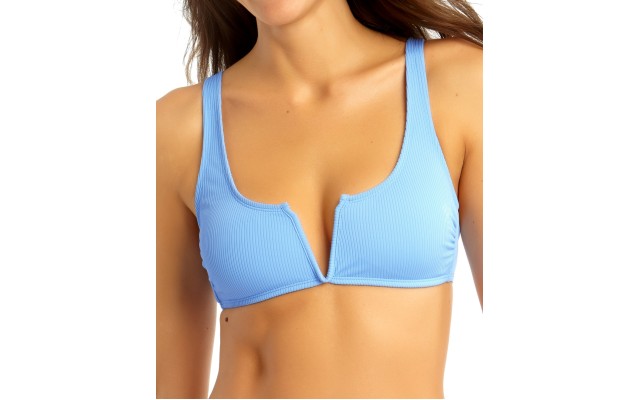  Juniors’ Ribbed V-Wire Bralette Bikini Top, Blue, XS