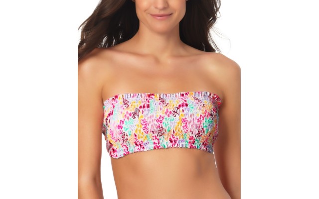  Juniors Smocked Bandeau Bikini Tops, White/Tan, Large