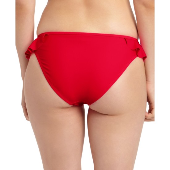  Juniors’ Solid Ruffled Hipster Bikini Bottoms, Red, L