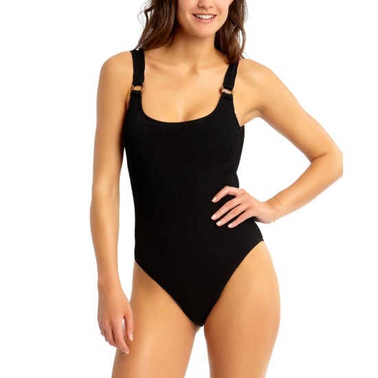  Juniors Textured One Piece Swimsuit, Black, Large
