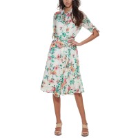 Calvin Klein Floral-Print Tie-Sleeve Shirtdress, Hibiscus Multi, 16