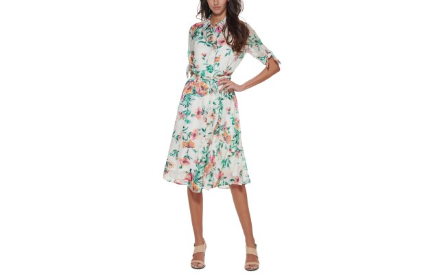  Floral-Print Tie-Sleeve Shirtdress, Hibiscus Multi, 16