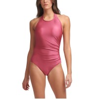Calvin Klein High-Neck Halter One-Piece Swimsuit, 14, Dark Pink