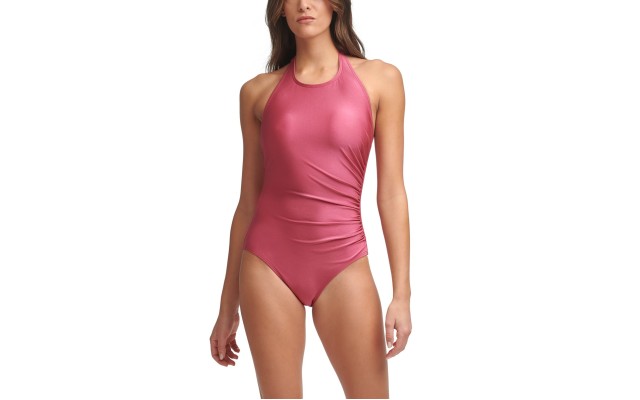  High-Neck Halter One-Piece Swimsuit, 16, Dark Pink