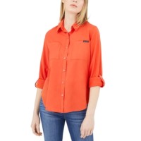 Calvin Klein Jeans Button-Front Roll-Tab-Sleeve Top, Orange, Small