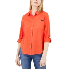 Calvin Klein Jeans Button-Front Roll-Tab-Sleeve Top, Orange, Small