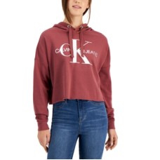 Calvin Klein Jeans Logo Hooded Cropped Sweatshirt, Burgundy, Medium