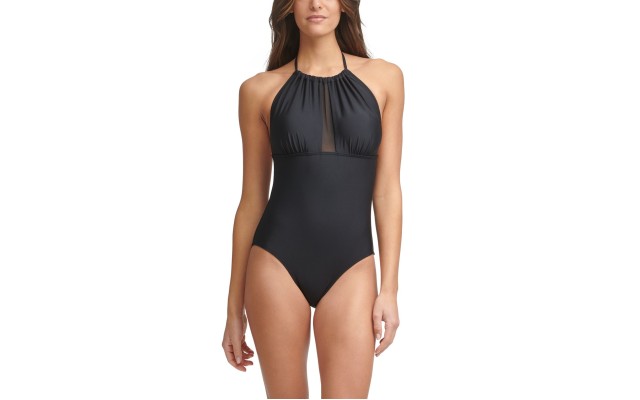  Mesh-Inset Tummy Control One-Piece Swimsuit, Black, 8