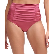 Calvin Klein Pleated High-Waist Bikini Bottoms, Large, Dark Pink